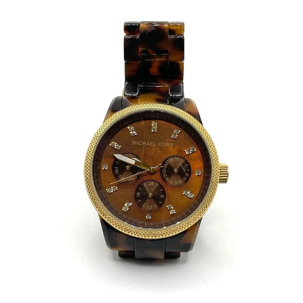 Michael Kors Ritz Simulated Tortoise Goldtone Case Sub Dials Women Watch MK5038